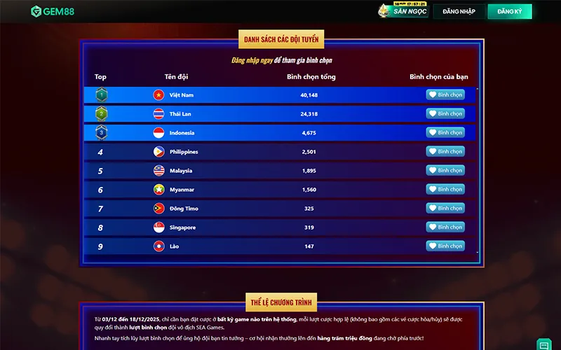 Giao diện đăng nhập GEM88 với chương trình SEA Games 33