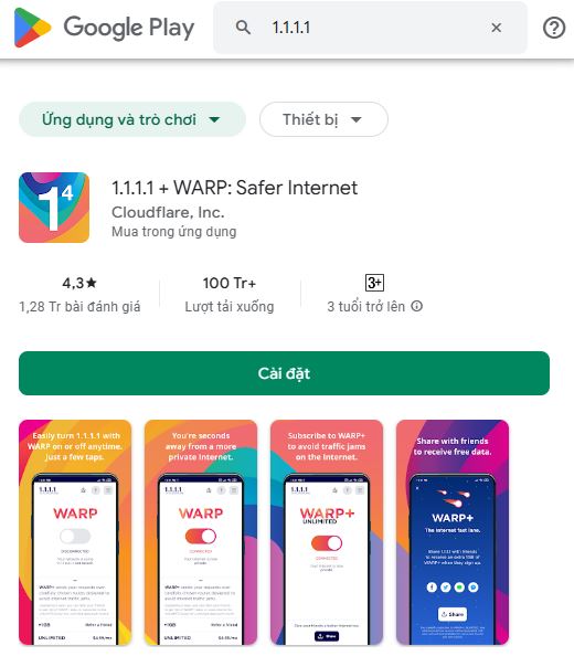 Ứng dụng 1.1.1.1 trên Android