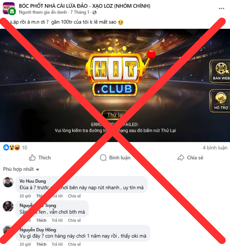 Người ẩn danh lợi dụng hình ảnh của Hitclub để qua đó bôi xấu