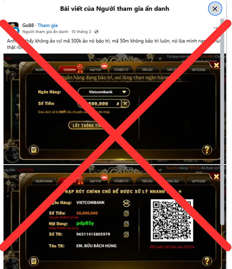 Một bài phốt "ảo" lợi dụng lúc ngân hàng Vietcombank bảo trì để quy kết Go88 lừa đảo